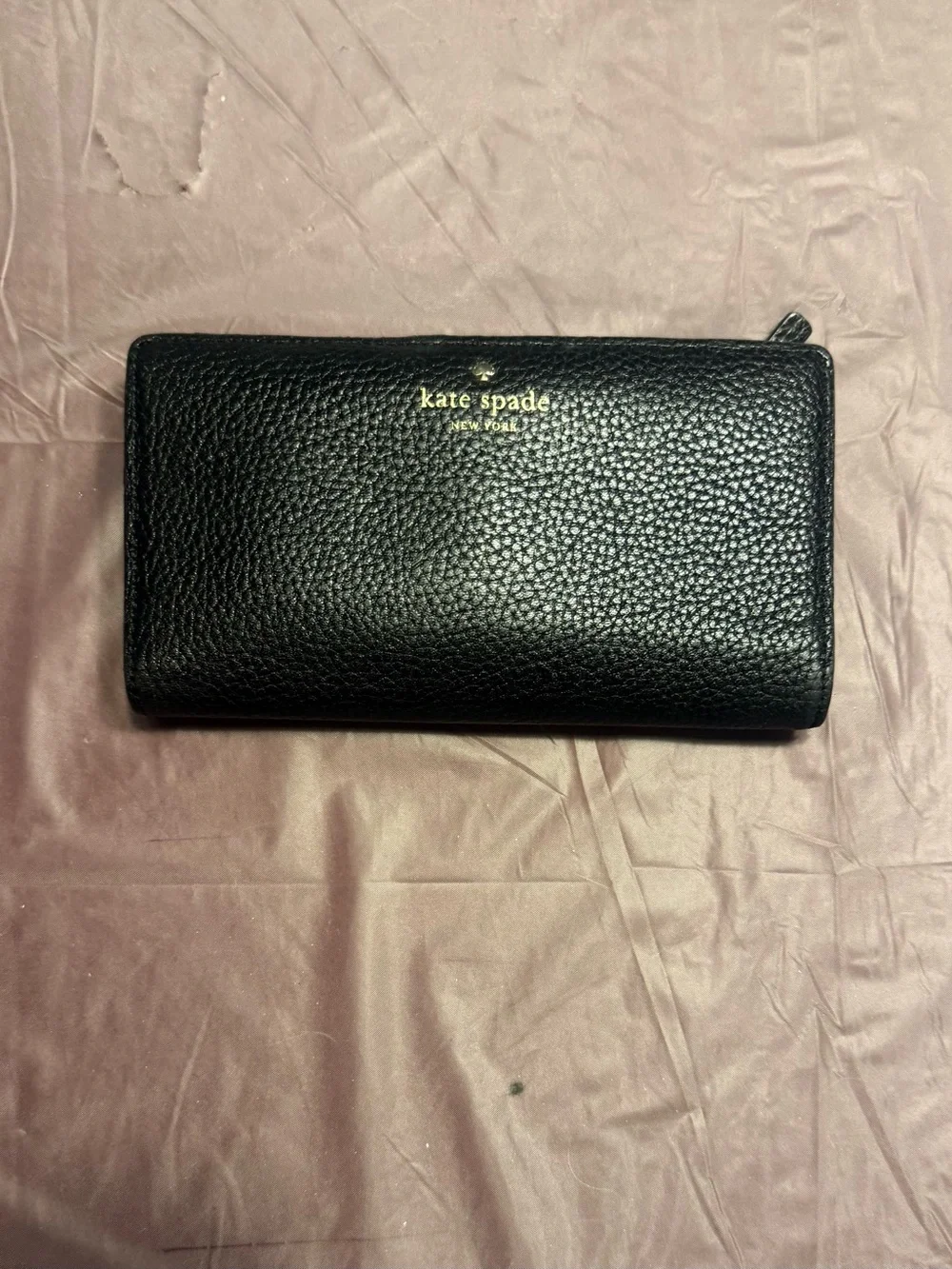 kate spade Black Pebbled Leather Bi Fold Snap Wallet with Gold Logo